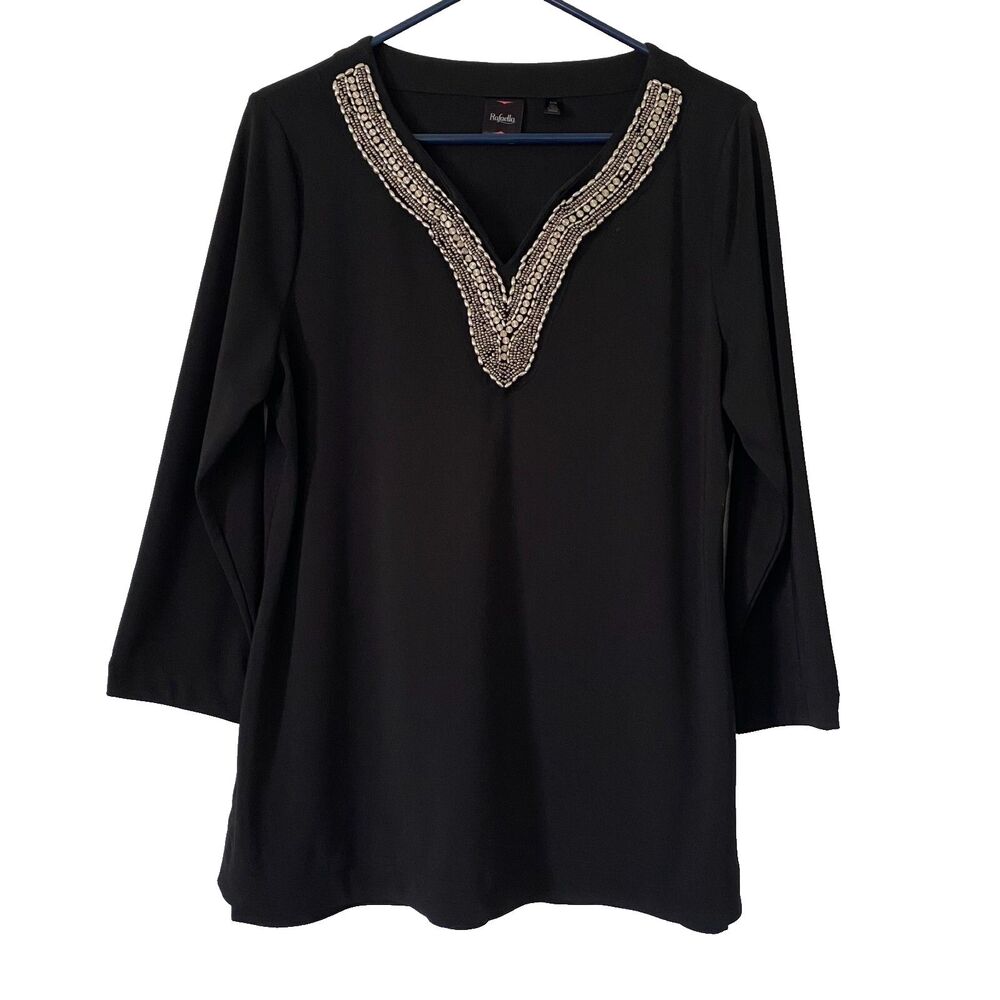 Rafaella Top‎ Tunic Black Size L Rhinestone Embellished Neckline 3/4 Sleeves